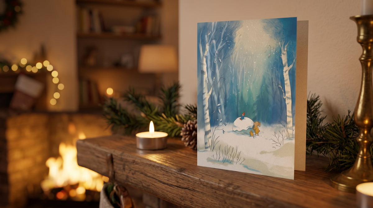 Hand-Drawn Winter Forest & Snowman Greeting Card | Eco Wildlife Christmas Card