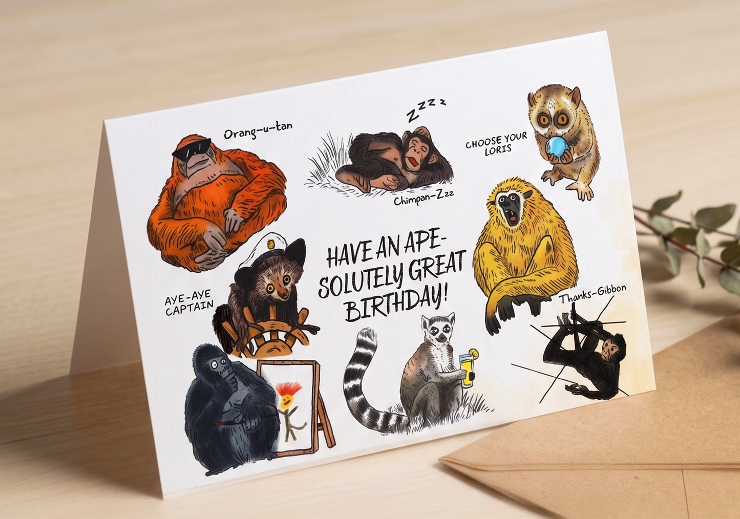 Ape-solutely Great Birthday Card - Funny Gorilla, Lemur & Orangutan Puns Card