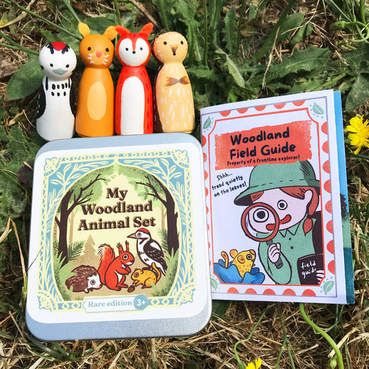 Handmade Wooden Woodland Animal Peg Doll Set in Travel Tin