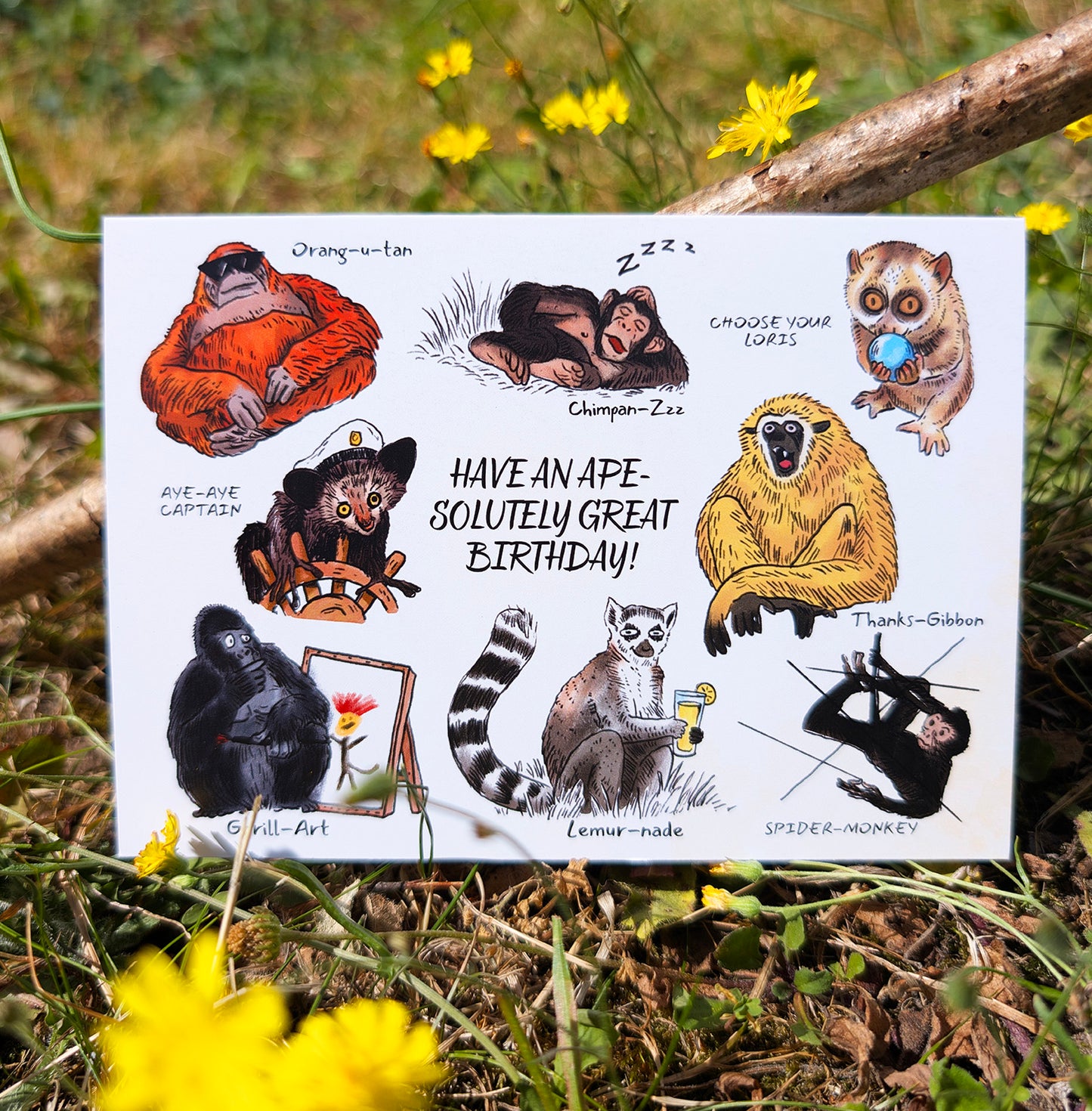 Ape-solutely Great Birthday Card - Funny Gorilla, Lemur & Orangutan Puns Card