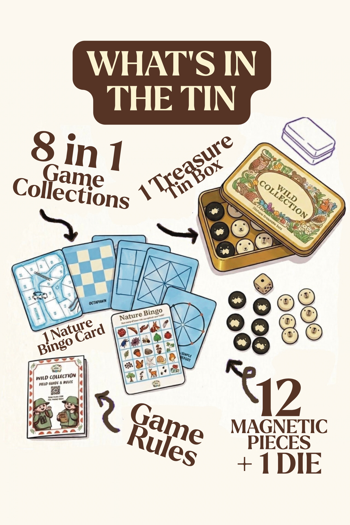 Wild Collection 8-in-1 Travel Game Box | Hand-Illustrated Magnetic Pocket Toy Set (Ages 3+)