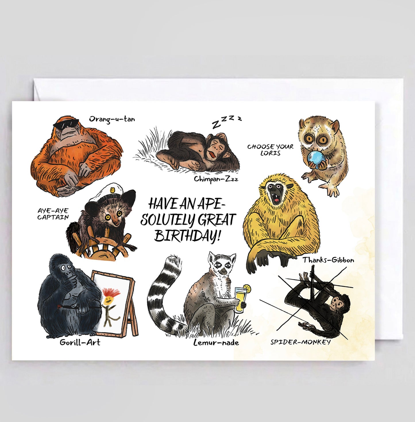 Ape-solutely Great Birthday Card - Funny Gorilla, Lemur & Orangutan Puns Card