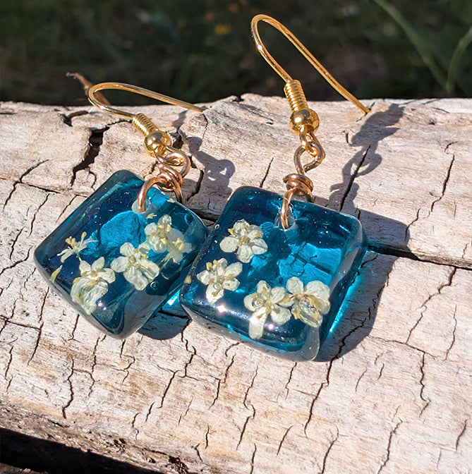 Teal Blue Resin Square Dried Flower Earrings