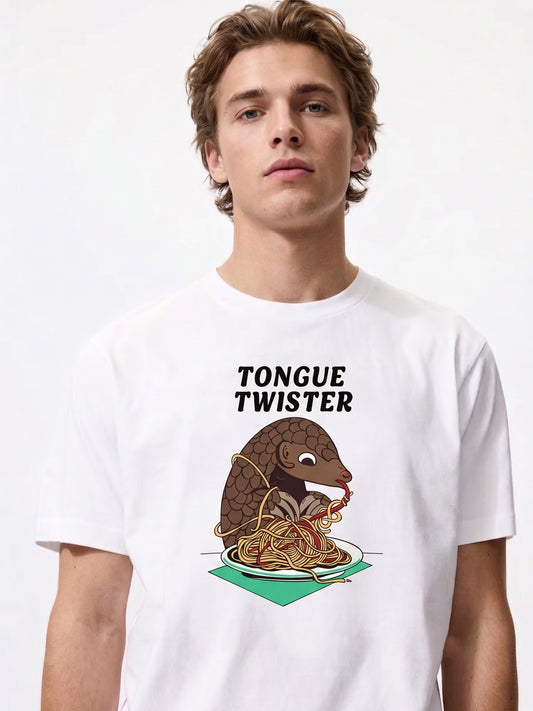 "Tongue Twister" Pangolin Spaghetti Organic Cotton T-Shirt – Funny Wildlife Graphic Tee