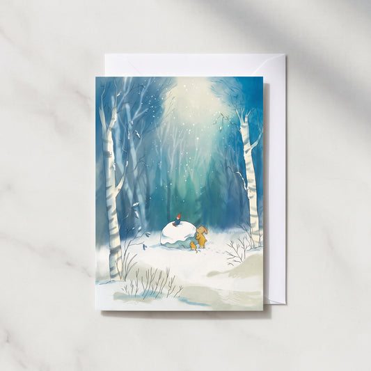 Hand-Drawn Winter Forest & Snowman Greeting Card | Eco Wildlife Christmas Card
