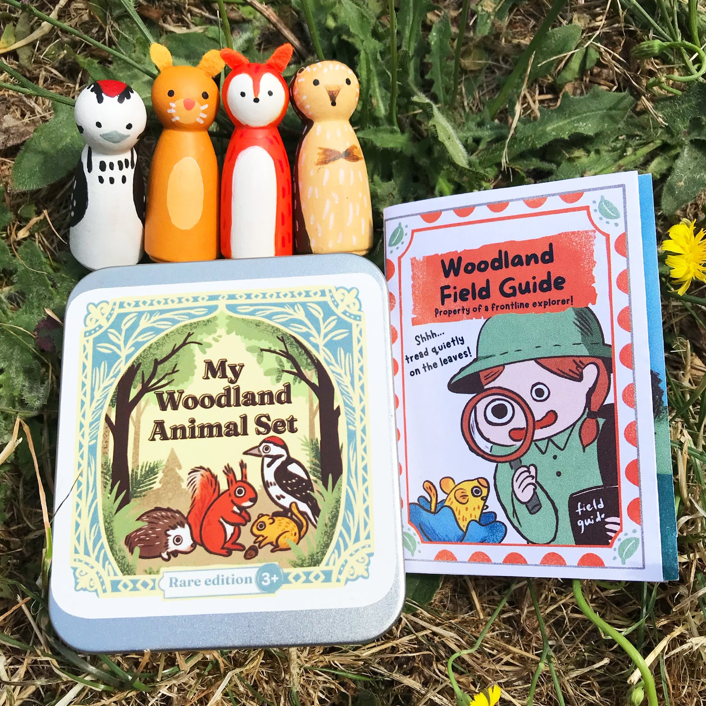 Handmade Wooden Woodland Animal Peg Doll Set in Travel Tin